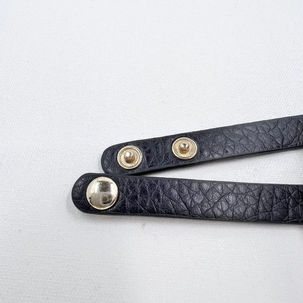 Black Jeweled Double Stacked Flower Gold Tone Black Leather 7” Bracelet - Picture 7 of 9